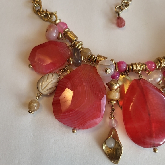 Chico's Necklace Pink Glass Slab Mother Of Pearl Goldtone Statement Jewelry 18" - Picture 8 of 12